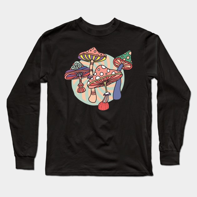 Retro Trippy  Mushrooms Long Sleeve T-Shirt by kolakiss